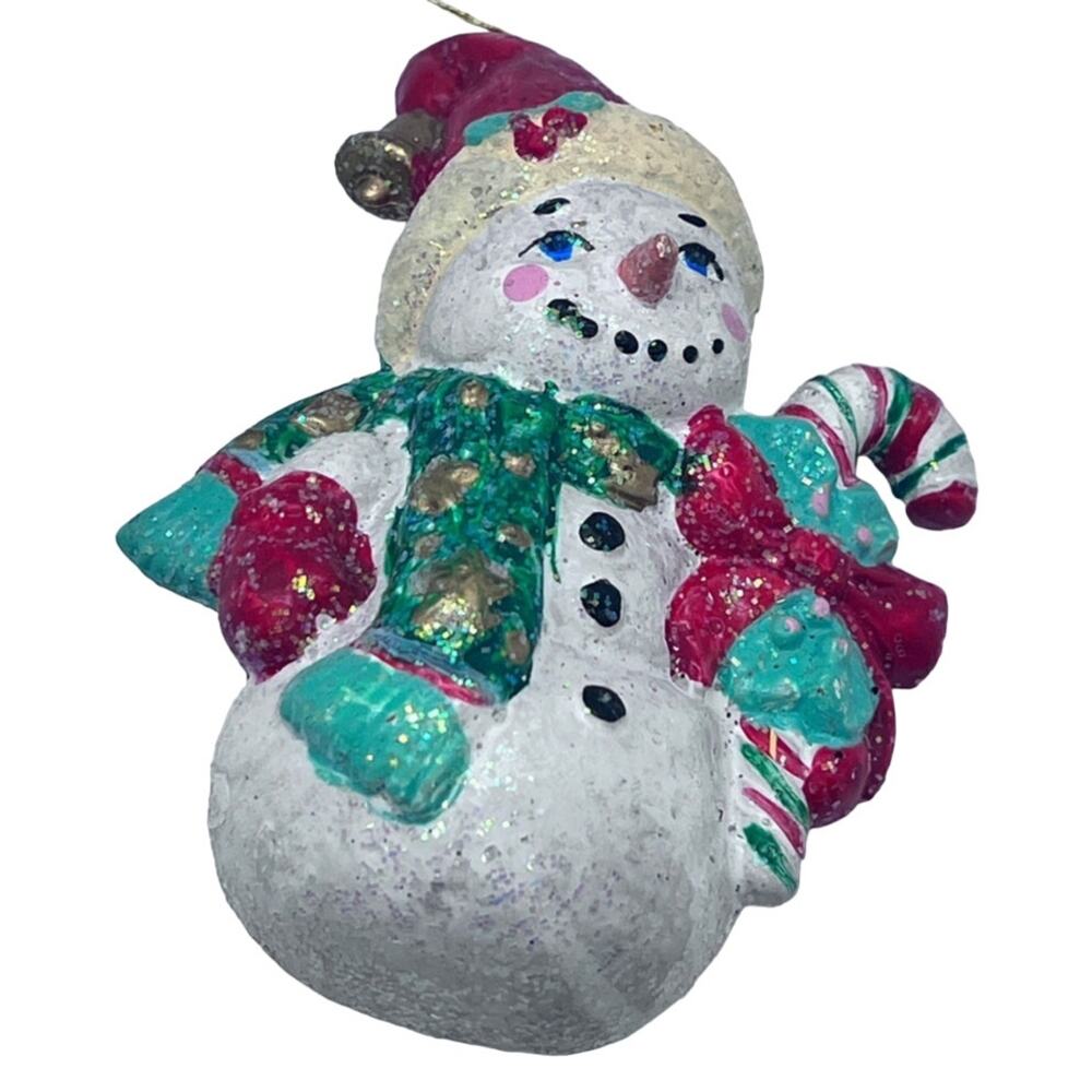 Glitter Snowman Ornament w/ Green Scarf, Candy Cane & Santa Hat with Bell